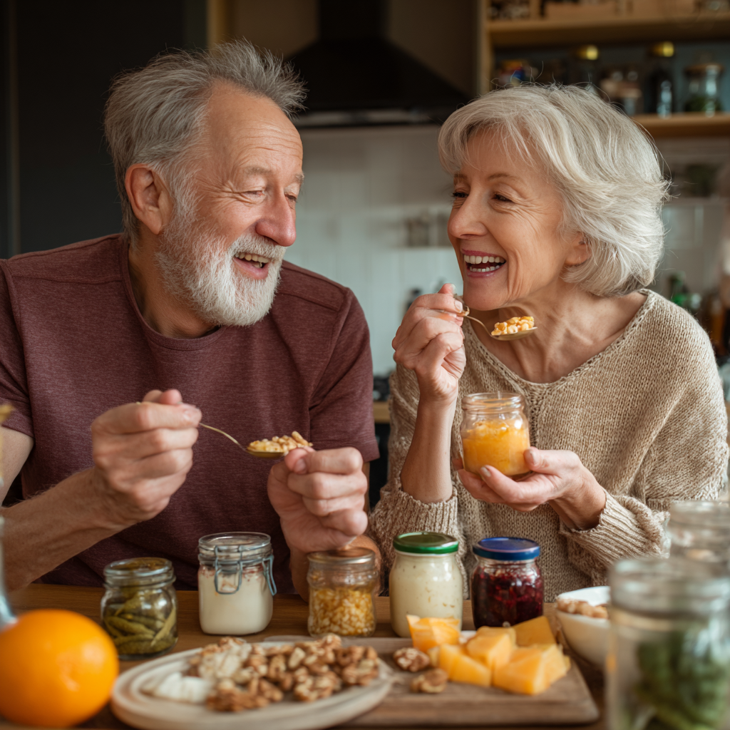 middle-aged adults enjoying fermented foods for healthy gut microbiome